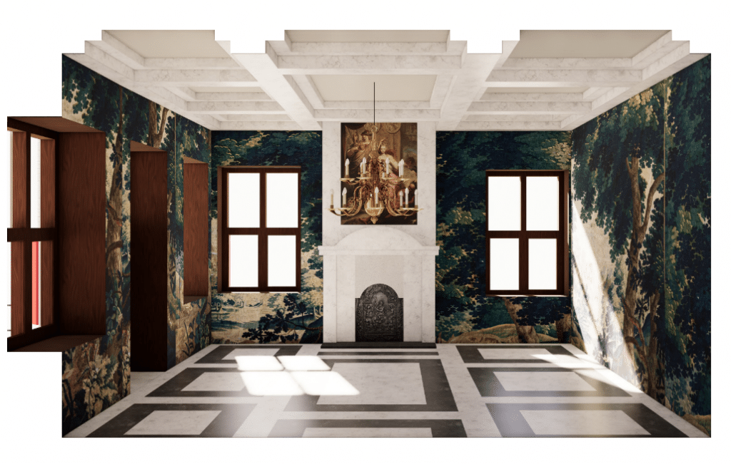 Dit is de vernieuwde trouwzaal met mooie zwart witte vloer, een oude openhaard en tekeningen van de natuur aan de wand.