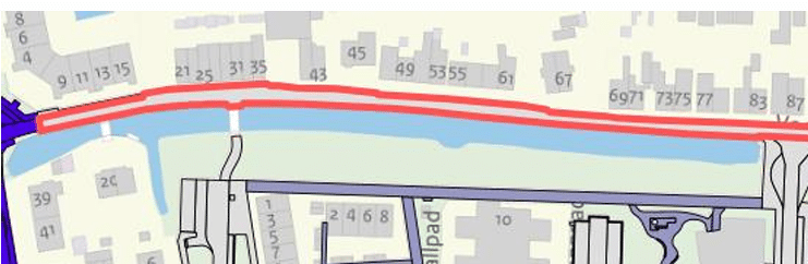 Kaartje waarin het projectgebied is aangegeven in het rood. Het gebied loopt van Voorwillenseweg 9 tot en met Voorwillenseweg 87.