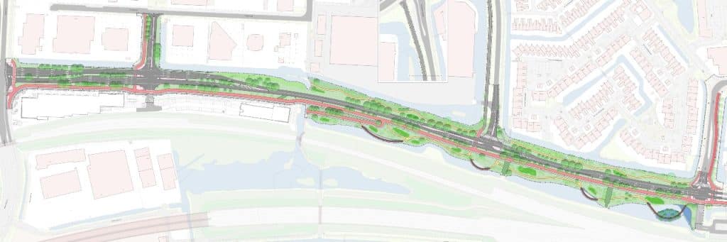 Een ontwerptekening waarop het resultaat van de herinrichting van de Burgemeester Jamessingel zichtbaar is. Op de plattegrond zijn veel groen, fietspaden en voetgangersbruggen zichtbaar.