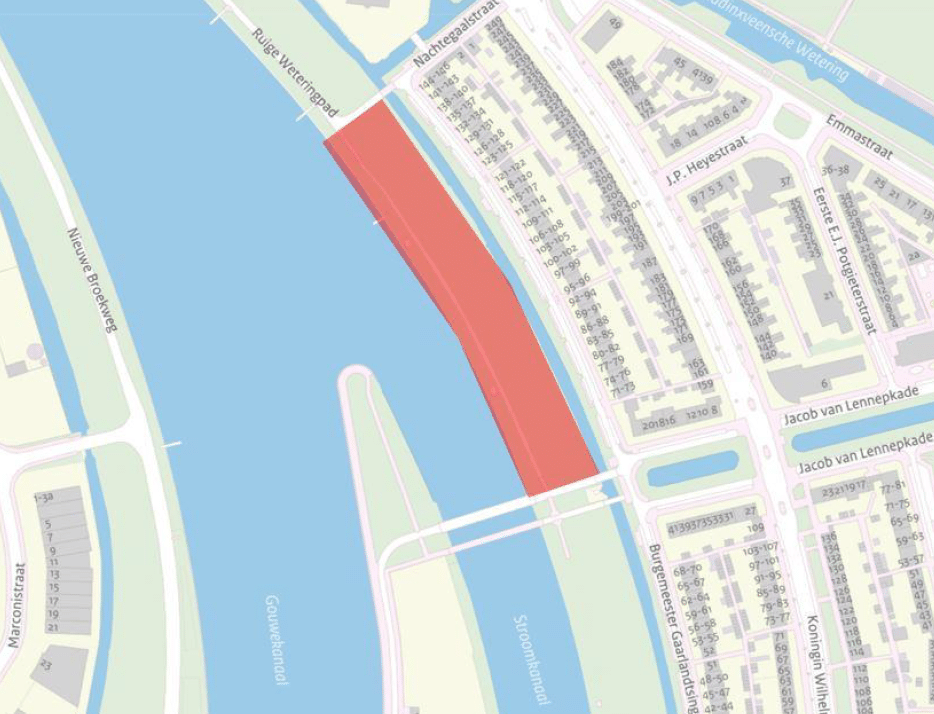 Plattegrond van Gouda met daarop aangegeven de plek van het nieuwe fietspad langs het Ruige Weteringpad.