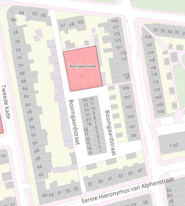 Op het kaartje staat de speelplek Boomgaardstraat gemarkeerd. De speelplek ligt tussen Noothoven van
Goorstraat 24 tot en met 29, Derde Kade 111 tot en met 129 en Tweede Kade 62 tot en met 80 in.