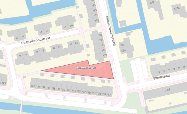 Op het kaartje staat de speelplek Dagpauwoogstraat gemarkeerd. De speelplek ligt tussen
Dagpauwoogstraat 9 tot en met 23 en Middenwillenseweg 127 tot en met 159 in.