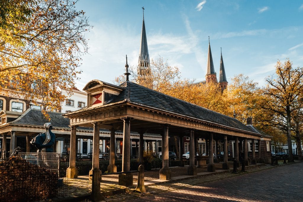 De Visbanken in de herfst met op de achtergrond de Gouwekerk